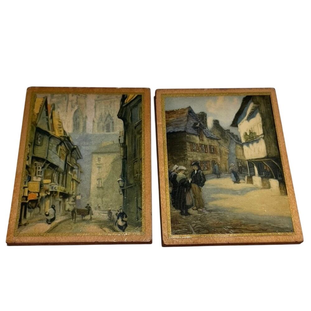 Vintage MCM Miniature European Village Life &Streets Alleyway Print wood 4.5x3.5